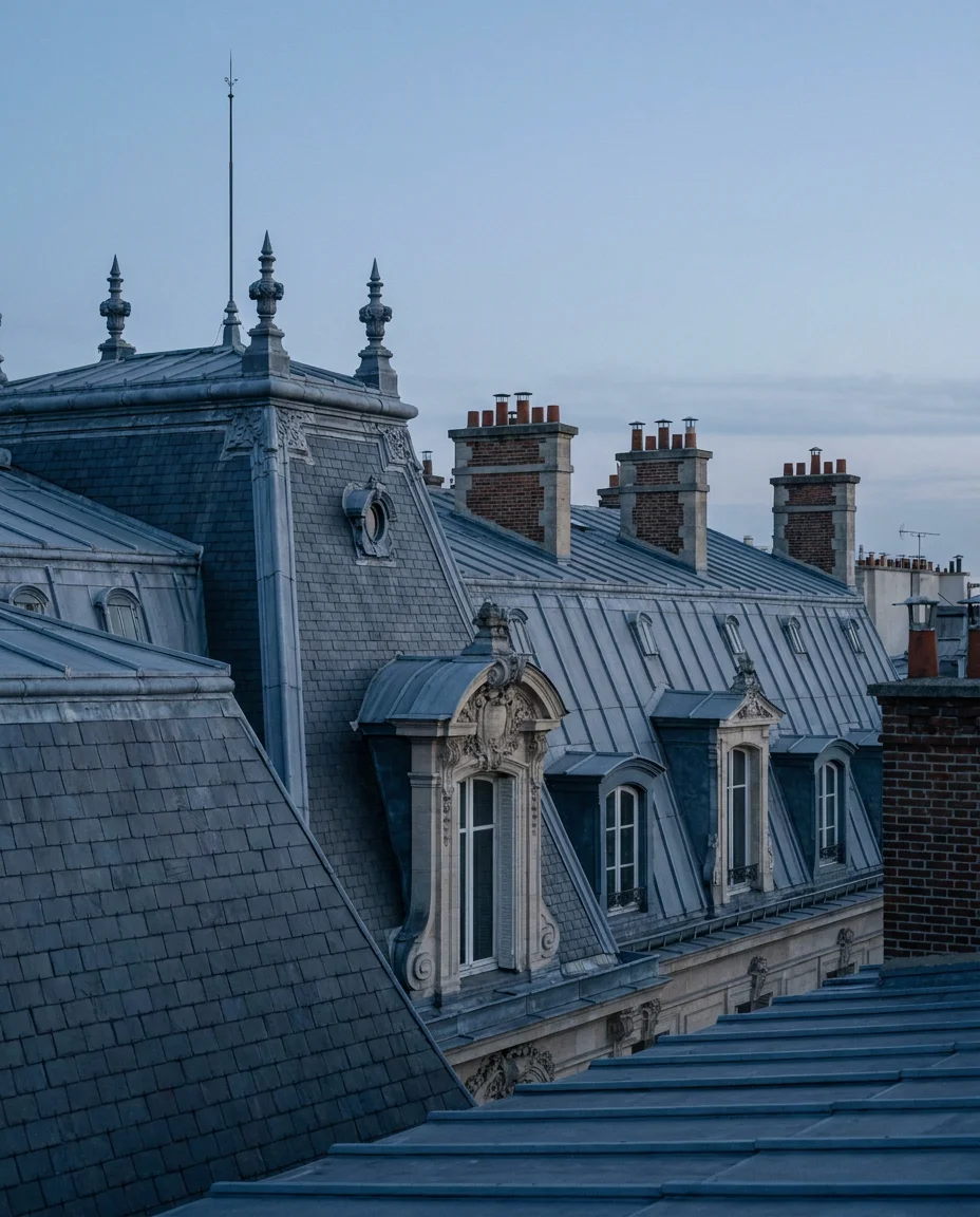 Toiture d'hôtel particulier parisien en ardoise et zinc, lucarnes ouvragées et épis de faîtage.