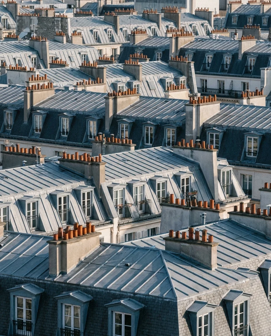Mer de toits en zinc d'immeubles haussmanniens, cheminées en terre cuite alignées.