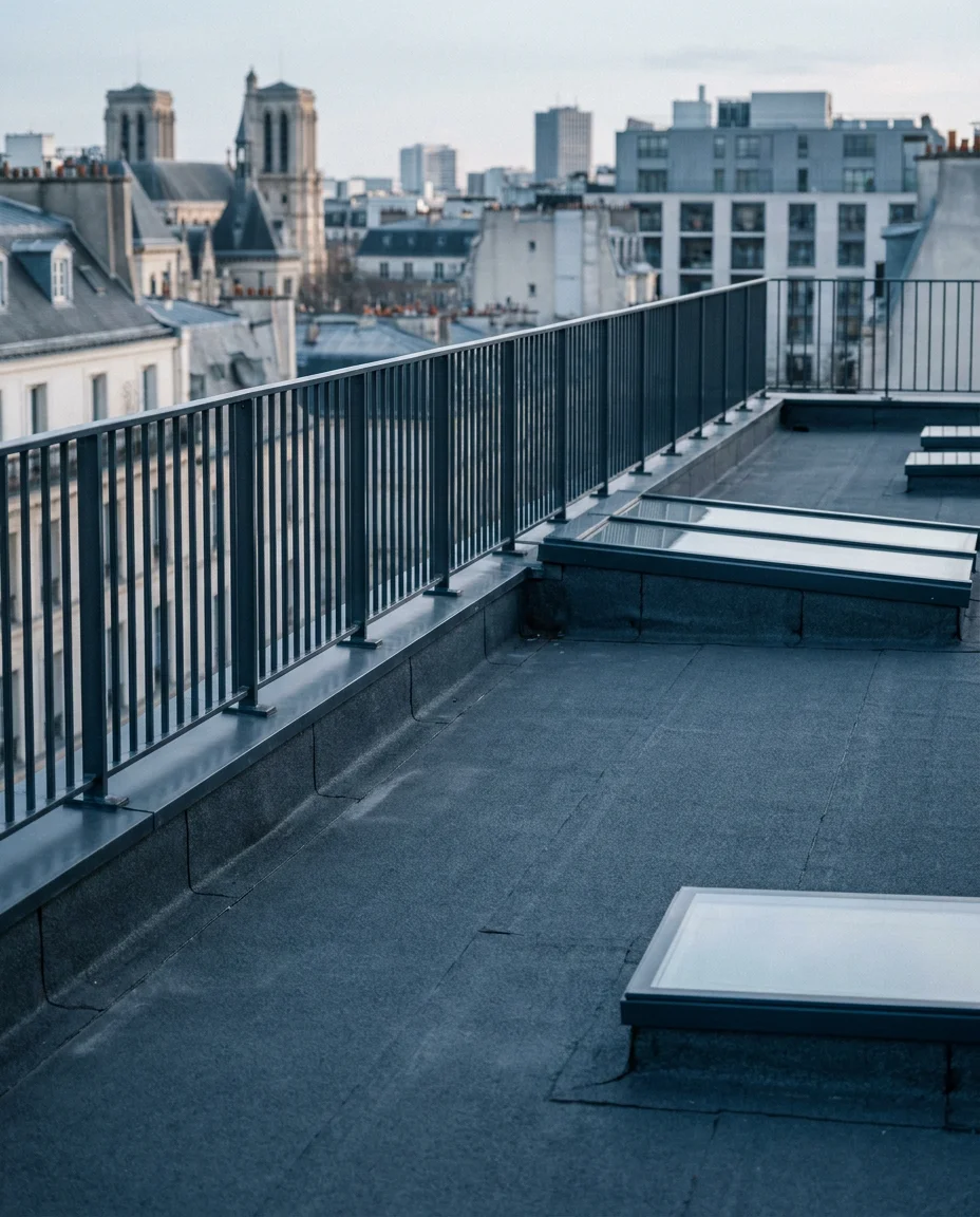 Toiture-terrasse d'une résidence de logements collectifs : membrane d'étanchéité, garde-corps et lanterneaux.