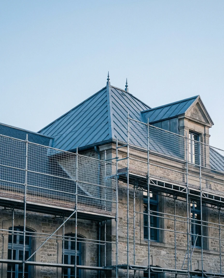 Réfection de la toiture zinc d'un bâtiment public en pierre, échafaudage sécurisé avec filets.