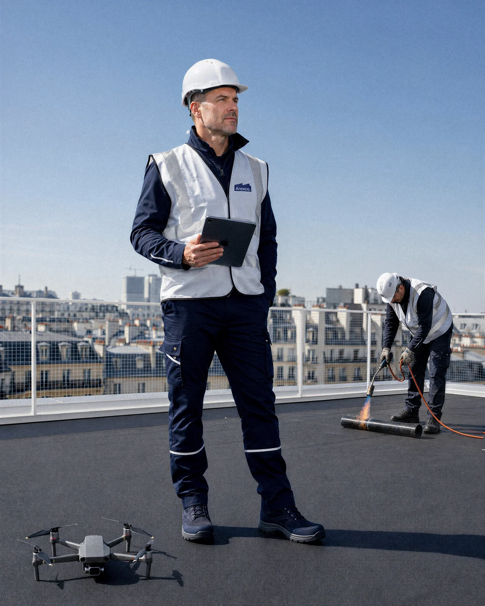 Artisan couvreur Arexco sur toiture-terrasse parisienne, équipé pour relevés numériques et étanchéité